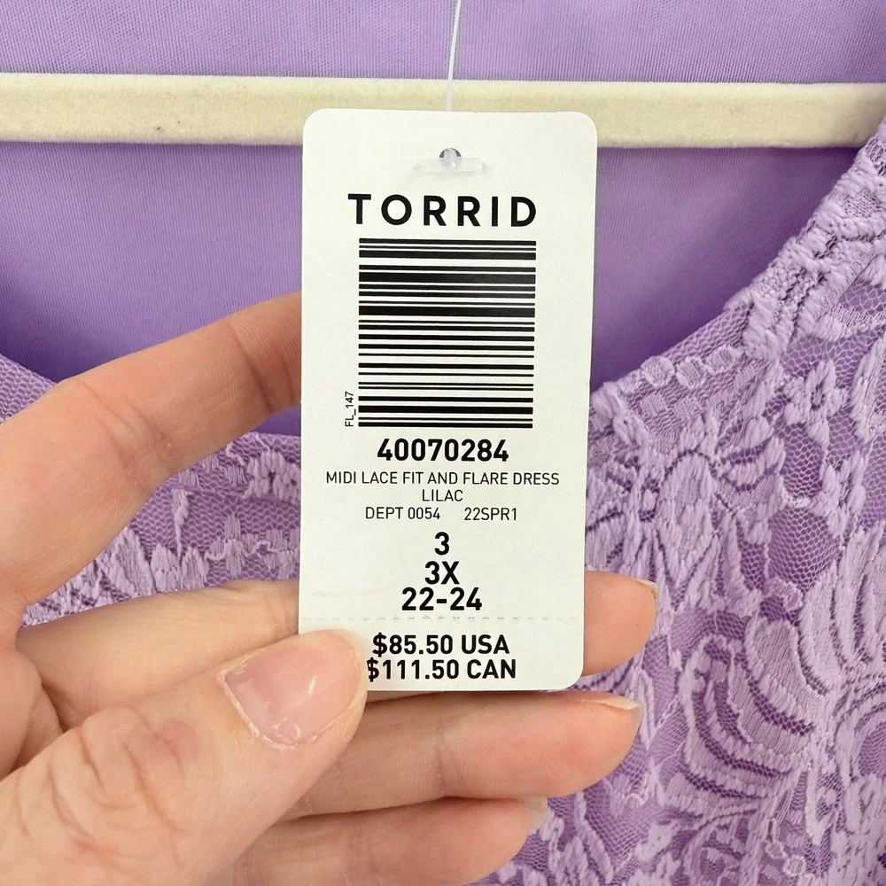 Torrid Lilac Purple Floral Lace Midi Fit and Flare Dress Pockets 3X 22-24 NEW - Picture 3 of 8